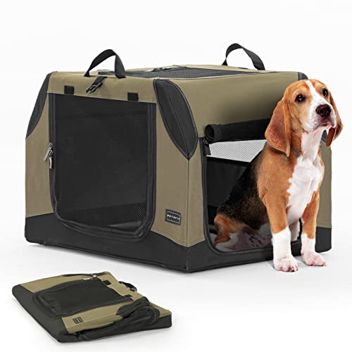 Petsfit Hundebox faltbar Auto Hundetransportbox für mittlere Hunde Reisebox Autobox für Kofferraum mit Spiralförmiges Aluminiumrohr zur Verstellbarer Stoffbezug,Armeegrün,M von Petsfit