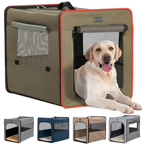 Petsfit Hundebox faltbar, mit 3 cm dicken Plüschmatte, tragbare Transportbox Hund Hundetransportbox für große Hunde, geeignet für den Innen und Außenbereich,Braun,L 79x53.5x66cm von Petsfit