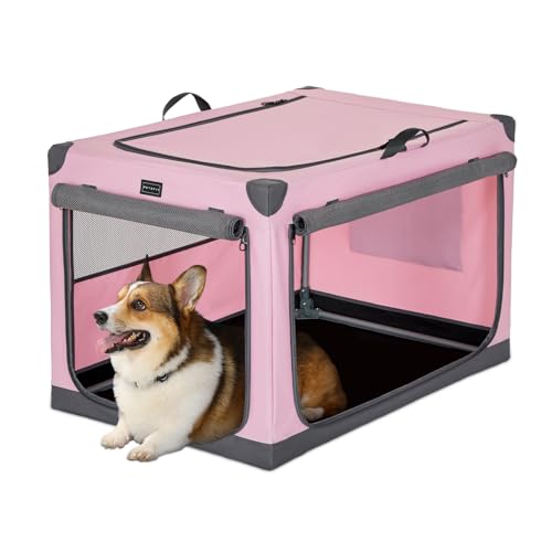 Petsfit Hundebox mittlere Hunde, Hundebox faltbar mit integriertem Aluminium Rahmen, Einstellbare Stoffbezug durch Spiralschlauch, Verstärkung Nähen Hundetransportbox,M,Rosa & Grau von Petsfit