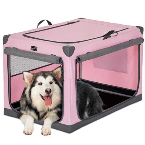 Petsfit Hundebox große Hunde, Hundebox faltbar mit integriertem Aluminium Rahmen, Einstellbare Stoffbezug durch Spiralschlauch, Verstärkung Nähen Hundetransportbox,XL,Rosa & Grau von Petsfit