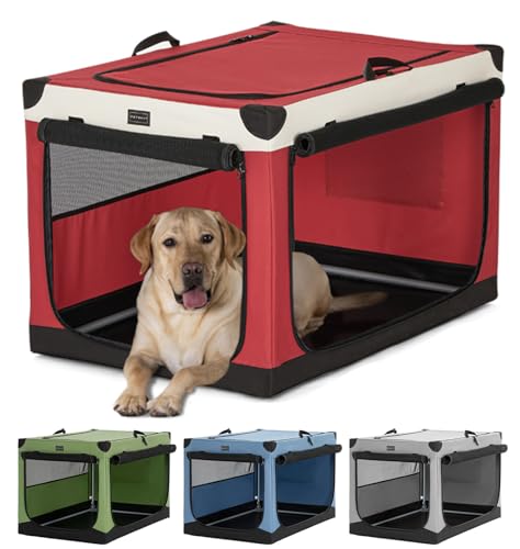 Petsfit Hundebox große Hunde, Hundebox faltbar mit integriertem Aluminium Rahmen, Einstellbare Stoffbezug durch Spiralschlauch, Verstärkung Nähen Hundetransportbox,L,Rot von Petsfit
