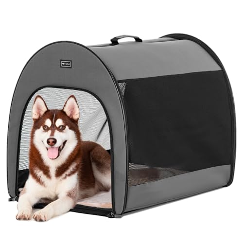 Petsfit Transportbox Hund Faltbare Hundebox Auto für große Hunde, Leichte atmungsaktive Hundetransportbox Hund Zimmerkennel Stoff mit Anti-offener Reißverschluss und Plüschkissen von Petsfit