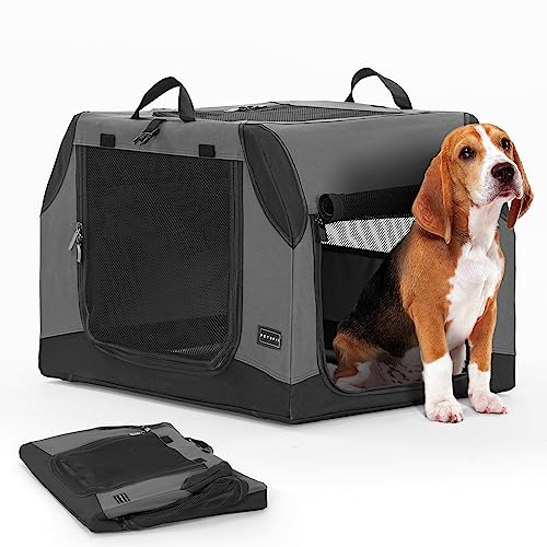 Petsfit Hundebox faltbar Auto Hundetransportbox für mittlere Hunde Reisebox Autobox für Kofferraum mit Spiralförmiges Aluminiumrohr zur Verstellbarer Stoffbezug,Grau,M von Petsfit