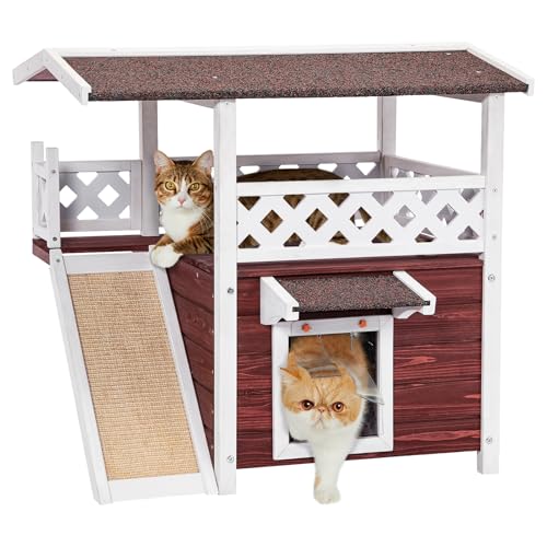 Petsfit Katzenhaus Outdoor aus Massivholz wetterfeste Katzenhütte mit Fluchttür & Asphalt Dach Katzenhaus Winterfest mit Terrasse & Kratzbrett, Rot von Petsfit