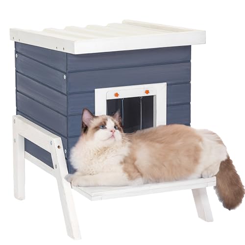 Petsfit Katzenhaus Outdoor mit 13,5cm erhöhter Boden, Kaninchenstall, Katzenhütte Outdoor Winterfest mit Fütterungsstelle, Blau von Petsfit