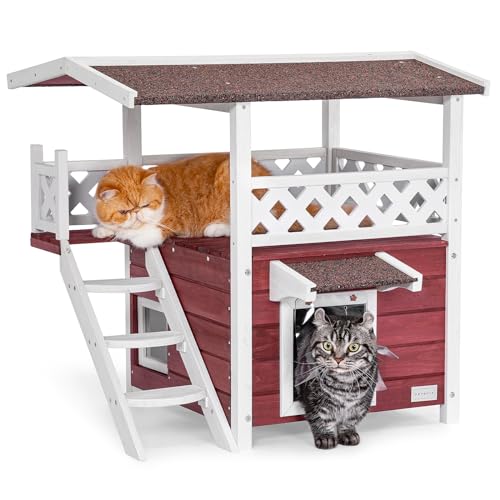 Petsfit Katzenhütte aus Massivholz Outdoor wetterfeste Katzenhaus mit Asphalt Dach Katzenhaus Winterfest mit Terrasse & Treppe, Rot Petsfit Katzenhütte aus Massivholz Outdoor wetterfeste Katzenhaus mit Asphalt Dach Katzenhaus Winterfest mit Terrasse & Treppe, Rot von Petsfit