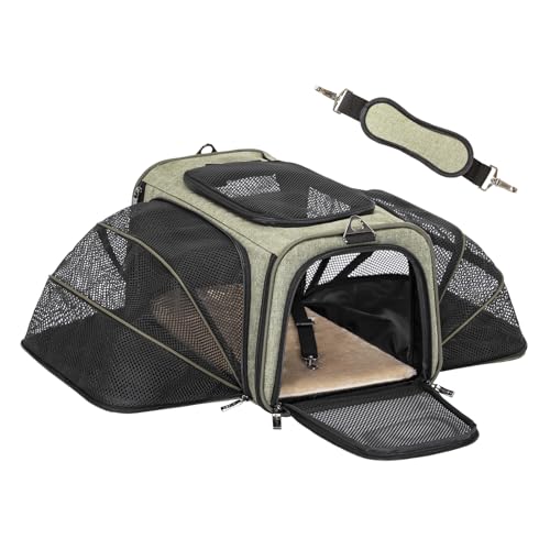 Petsfit Katzentragetasche, von Fluggesellschaften zugelassen, erweiterbare Haustier-Tragetasche, zwei Seiten, weiche Transporttasche mit Fleece-Matte, oben offen, Grün, Größe S von Petsfit