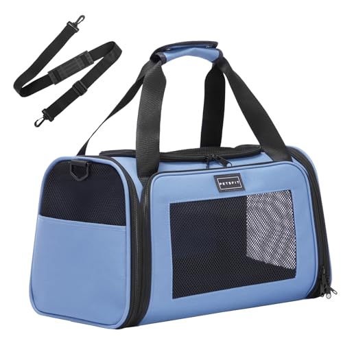 Petsfit Transportbox Katze Hund,Faltbare Tragetasche Hundetasche für Katze kleine Hund,tragbare Hunde Flugtasche Reisetasche für Hunde mit Schultergurt und expandierbare Betteinlage,Blau von Petsfit