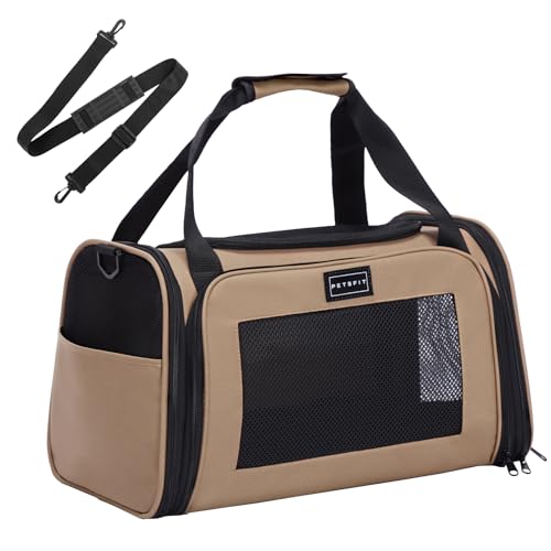 Petsfit Transportbox Katze Hund,Faltbare Tragetasche Hundetasche für Katze kleine Hund,tragbare Hunde Flugtasche Reisetasche für Hunde mit Schultergurt und expandierbare Betteinlage,Khaki von Petsfit