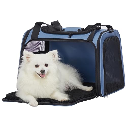 Petsfit Transportbox Katze Hund,Faltbare Tragetasche Hundetasche für Katze kleine Hund,tragbare Hunde Reisetasche für Hunde mit Schultergurt und expandierbare Betteinlage,L,Blau von Petsfit