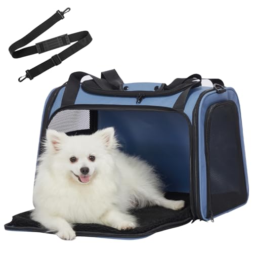 Petsfit Transportbox Katze Hund,Faltbare Tragetasche Hundetasche für Katze kleine Hund,tragbare Hunde Reisetasche für Hunde mit Schultergurt und expandierbare Betteinlage,L,Blau von Petsfit