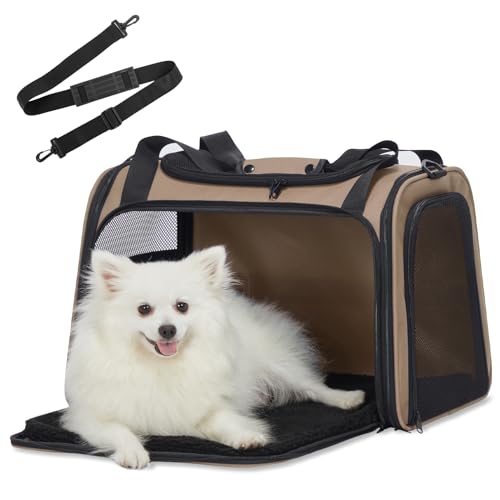 Petsfit Transportbox Katze Hund,Faltbare Tragetasche Hundetasche für Katze kleine Hund,tragbare Hunde Reisetasche für Hunde mit Schultergurt und expandierbare Betteinlage,L,Khaki von Petsfit