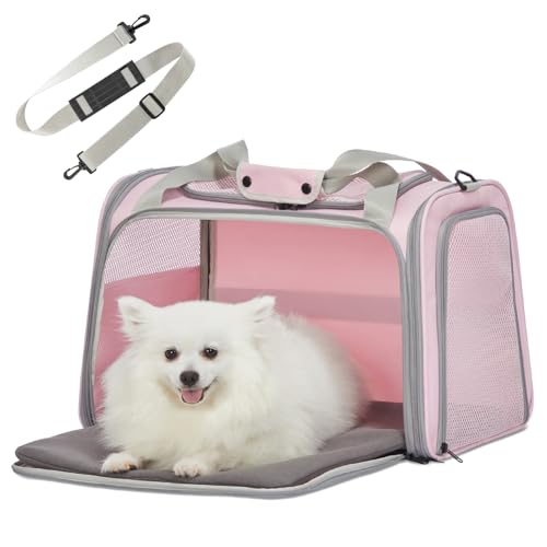 Petsfit Transportbox Katze Hund,Faltbare Tragetasche Hundetasche für Katze kleine Hund,tragbare Hunde Reisetasche für Hunde mit Schultergurt und expandierbare Betteinlage,L,Rosa von Petsfit