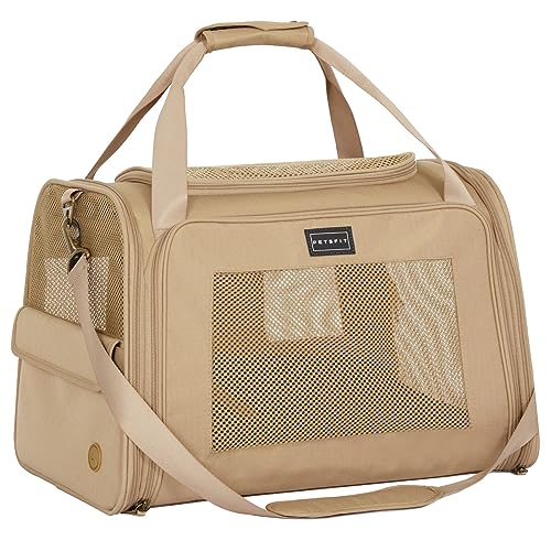 Petsfit Transportbox Katze & Hund, Hundetasche Tragetasche für Katze kleine Hund, faltbar Katze Transporttasche Hunde mit Schultergurt und weiches Kissen,L,Khaki von Petsfit