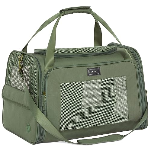 Petsfit Transportbox Katze & Hund, Hundetasche Tragetasche für Katze kleine Hund, faltbar Katze Transporttasche Hunde mit Schultergurt und weiches Kissen,L,Olivgrün von Petsfit