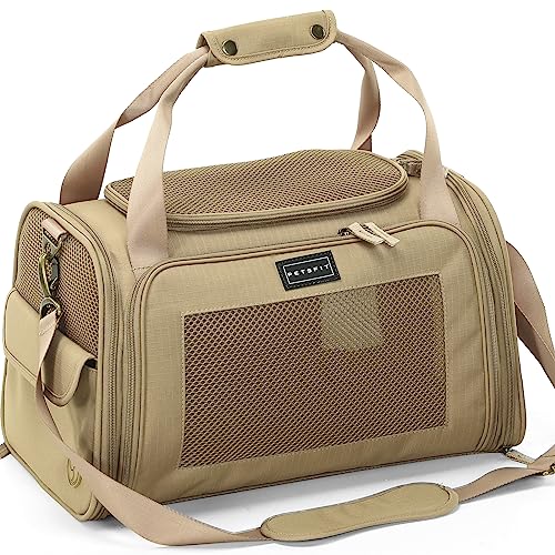 Petsfit Transportbox Katze & Hund, Hundetasche Tragetasche für Katze kleine Hund, faltbar Katze Transporttasche Hunde Flugtasche Hunde mit Schultergurt und weiches Kissen,M,Khaki von Petsfit