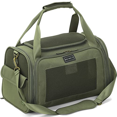 Petsfit Transportbox Katze & Hund, Hundetasche Tragetasche für Katze kleine Hund, faltbar Katze Transporttasche Hunde Flugtasche Hunde mit Schultergurt und weiches Kissen,M,Olivgrün von Petsfit