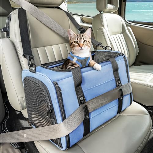 Petsfit Transportbox Katze Hundebox Auto Katzentransportbox Transportbox Hund - Faltbare Tragetasche mit 2 Patent-Schnallen für Autositz, 4-seitigem Netz & Abnehmbarem Kissen, S/Blau von Petsfit