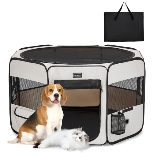 Petsfit Welpenauslauf Tierlaufstall faltbar Welpenlaufstall Pop-Up für Hunde Hasen Katzen,Freilaufgehege mit Zip-Sicherungen, Abnehmbares Ober- und Unterteil,M,Beige & Schwarz von Petsfit