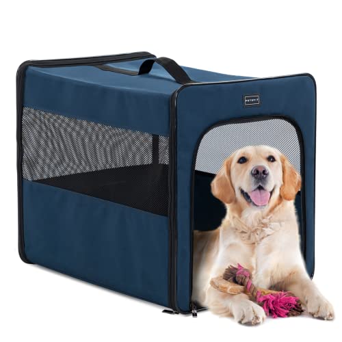 Petsfit Hundebox faltbar mit Plüschkissen, Hundetransportbox L 79x53.5x66cm, atmungsaktive tragbare Transportbox Hund für große Hunde von Petsfit