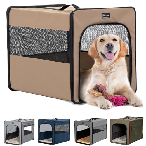 Petsfit Hundebox faltbar mit Plüschkissen, Hundetransportbox L 79x53.5x66cm, atmungsaktive tragbare Transportbox Hund für große Hunde von Petsfit