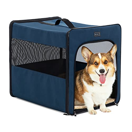 Petsfit Hundebox faltbar für zuhause Hundetransportbox Faltbare Hundebox Auto mittlere Hunde, robust, leicht, sicher mit 3 cm dicken Plüschmatte, M 61x46x53.5cm von Petsfit