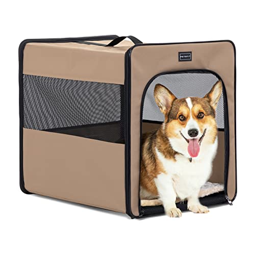 Petsfit Hundebox faltbar mit Plüschkissen, Hundetransportbox M 61x46x53.5cm, atmungsaktive tragbare Transportbox Hund für mittlere Hunde von Petsfit