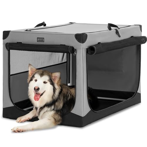 Petsfit Hundebox große Hunde, Hundebox faltbar mit integriertem Aluminium Rahmen, Einstellbare Stoffbezug durch Spiralschlauch, Verstärkung Nähen Hundetransportbox,XL,Grau von Petsfit