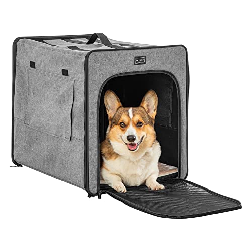 Petsfit Hundebox Große, tragbare Hunde-Reisebox, leichte Stoff-Hundebox mit DREI Seiten Netzfenster und Futtertasche für mittelgroße und große Hunde, Hellgrau von Petsfit