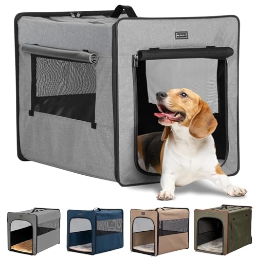 Petsfit Hundebox faltbar mit Plüschkissen & Aufbewahrungstasche, Hundetransportbox M 61x46x53.5cm, tragbare Transportbox Hund für mittlere Hunde von Petsfit