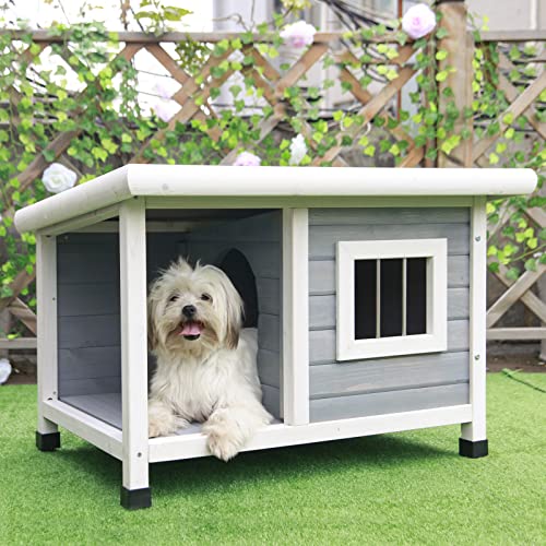 Petsfit Hundehütte aus Massivholz, Hundehaus mit Balkon Wetterfeste Hundehütte mit Asphalt Dach Katzenhaus Hundehaus Outdoor Winterfest mit Terrasse & Fenster, 85 cm x 62 cm x 58 cm, Hellgrau von Petsfit