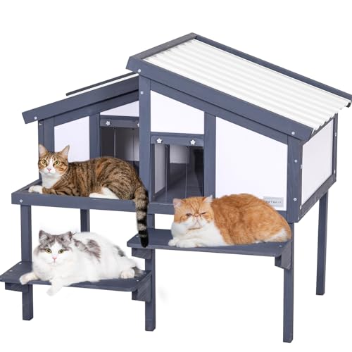 Petsfit Holz Katzenhaus für Draußen, Katzenhaus Outdoor mit 2 Räume, 37cm Hoch Katzenhütte Outdoor Sonnenterasse, Öffnenbares Dach von Petsfit