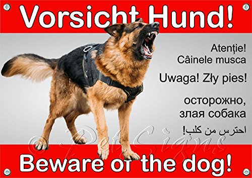 Petsigns Hundeschild - Deutscher Schäferhund - Warnung in 6 Sprachen - stabiles Metallschild, DIN A4 von Petsigns