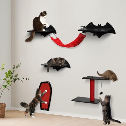 Gothic Cat Wandregale 4pcs Wandmontiertes Katzenkletterset Katzenbaum Katzenbett mit Brücke Leiter Wandstufen Kratzbrett Pfosten Hängende Spinne Spielzeug Katze Condo Katzenwand Möbel für Katzen von Petsinurarea