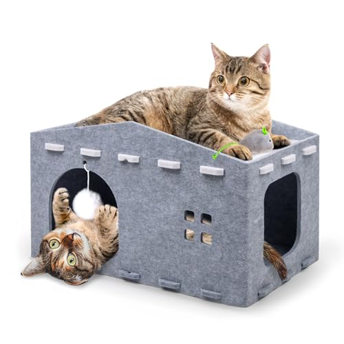 Katzenhaus für Indoor-Katzen, Katzenbetten Peekaboo Haustierhöhle mit flauschigem Ball und Katzenminze-Spielzeug für mehrere große Katzen bis zu 15 kg Faltbares Katzenversteck Kratzfester Filz von Petsinurarea