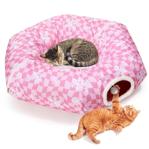 Rosa Weihnachten Katze Tunnel Bett Peekaboo Katzenhöhle Donut unter Weihnachtsbaum Rosa Karo mit Schneeflocken Festliche Dekoration Perfekt für Kleine Mittlere Große Katzen Kätzchen Kaninchen von Petsinurarea
