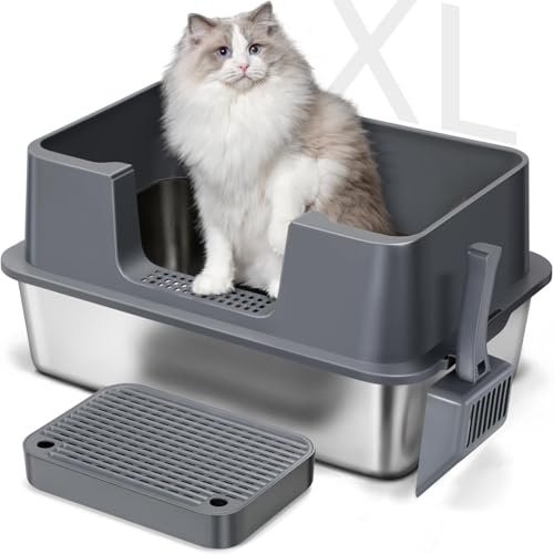 XL Katzentoilette aus Edelstahl mit Deckel - Hohe Seiten, Auslaufsicher, Antihaft Metall Katzentoilette für große Katzen - Leicht zu reinigen, Inklusive Filterpedal, Schaufel & Reinigungsbürste von Petsinurarea