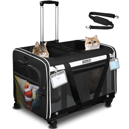 Petskd Doppelte Katzentragetasche mit Rollen für große Katzen oder mittelgroße Hunde, 61 x 43,2 x 38,1 cm, rollende Haustier-Tragetasche für zwei kleine Haustiere, abnehmbare Räder, Hundetrage mit 2 von Petskd