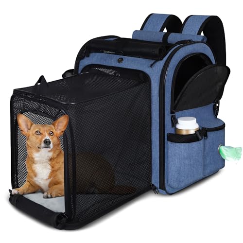 Petskd Erweiterbarer Haustier-Rucksack für kleine, mittelgroße Hunde und Katzen, großer Platz für bis zu 9 kg Haustiere, Wandern, Camping (blau) von Petskd