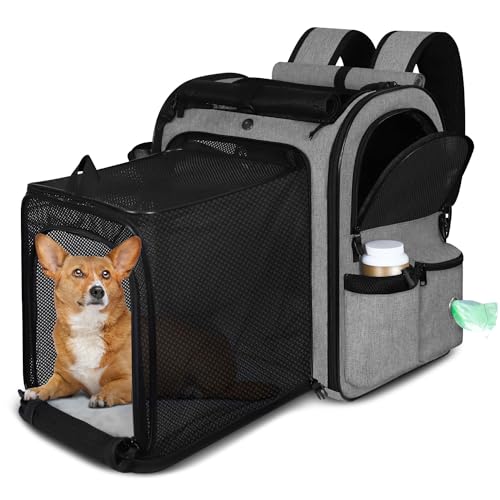 Petskd Erweiterbarer Haustier-Rucksack für kleine, mittelgroße Hunde und Katzen, großer Platz für bis zu 9 kg Haustiere, Wandern, Camping (grau) von Petskd