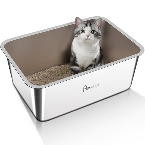 Katzentoilette aus Edelstahl: Extra große Metall-Liter-Box – leicht zu reinigende hohe Seite Katzentoilette aus Metall für große Katzen und Kätzchen-Kaninchen, antihaftbeschichtet, auslaufsicher von Petslucent