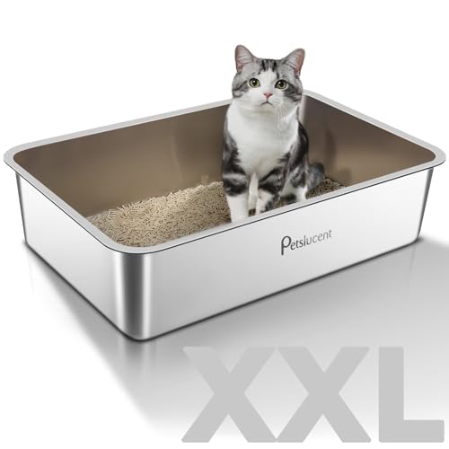 Katzentoilette aus Edelstahl: Extra große Metall-Liter-Box – leicht zu reinigende hohe Seite Katzentoilette aus Metall für große Katzen und Kätzchen-Kaninchen, antihaftbeschichtet, auslaufsicher von Petslucent