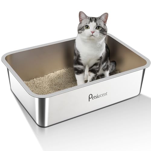 Katzentoilette aus Edelstahl: Extra große Metall-Liter-Box – leicht zu reinigende hohe Seite Katzentoilette aus Metall für große Katzen und Kätzchen-Kaninchen, antihaftbeschichtet, auslaufsicher von Petslucent