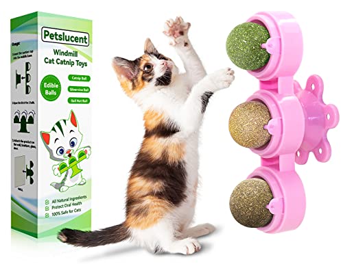Petslucent 3in1 Katzenminze Ball für Katzen, Windmühle Drehbares Katzen Leckerli Spielzeug, Interaktives Necken Katzenspielzeug für die Zahnreinigung von Innenkatzen (Rosa) von Petslucent