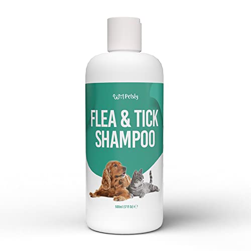 PETSLY Floh & Zecken Hundeshampoo - 500ml - Sensitives Flohshampoo für Hunde & Katzen mit Tea Tree Oil, Milde Reinigung, Hilft bei Juckreiz durch Flöhe und Zecken, Teebaumöl, PH Neutral, Vegan von Petsly