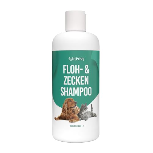 PETSLY Floh & Zecken Hundeshampoo - 500ml - Sensitives Flohshampoo für Hunde & Katzen mit Tea Tree Oil, Milde Reinigung, Hilft bei Juckreiz durch Flöhe und Zecken, Teebaumöl, PH Neutral, Vegan von Petsly