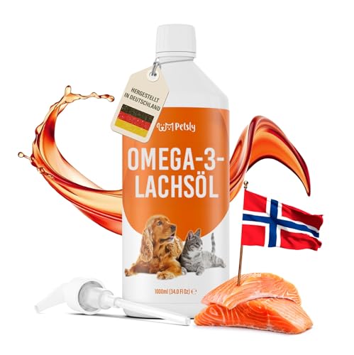 Lachsöl für Hunde & Katzen -1L- Reich an Omega 3 6 9 & Vitamin E - 100% reines norwegisches Wildlachsöl - kaltgepresst - glänzendes Fell, Immunsystem & gestärkte Gelenke - inkl. Pumpe von Petsly
