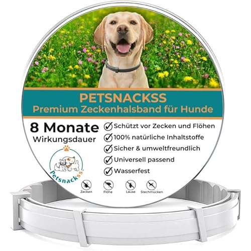 Zeckenhalsband für Hunde - 100% Natürliche Inhaltsstoffe - bis zu 8 Monate wirksamer Schutz gegen Zecken, Flöhe und Läuse - Universell passend (1er Pack) von Petsnackss