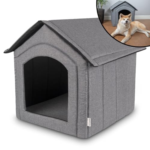 Petsona Hundehöhle Hundehütte Faltbare Mit Herausnehmbarem Dach Hundehaus Hundebett Katzenbett Haustierbett Schlafplatz Größe XXL, Grau von Petsona