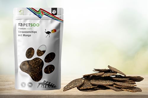 Petsoo Premium Straussenchips mit Mango - Premium Strauß Snack Leckerli für Hunde - 250g Ideal fürs Training und als Belohnung von Petsoo